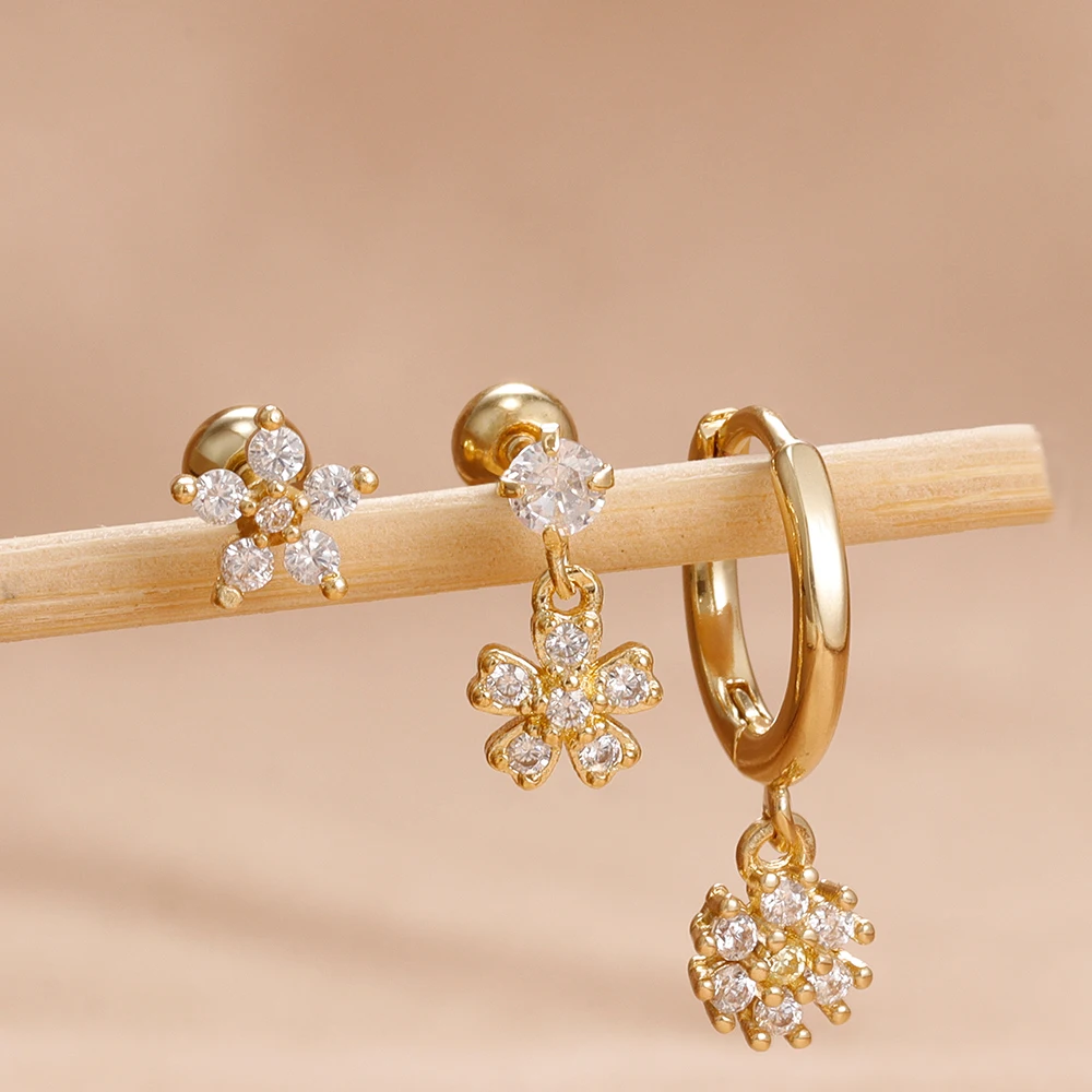 جديد وصول الفولاذ المقاوم للصدأ زهرة الزركون الغضروف ثقب طقم من الحلقان للنساء 14K مطلية بالذهب قرط الاذن المرصع مجوهرات فاخرة