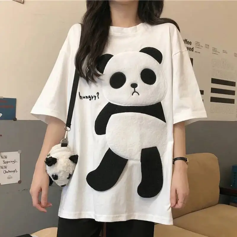 Summer Flocking Cartoon Panda Pattern Stitching T Shirts Women Kawaii Loose Top Girls Street Fashion Hip Hop Casual Top Tees