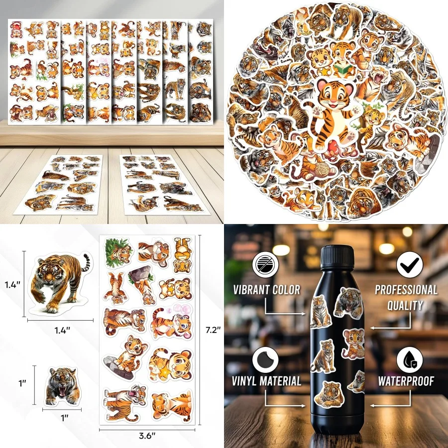 108 pçs bonito tigre adesivos à prova dwaterproof água vinil animais adesivos para adolescentes adultos selva vida selvagem decalques ideal para computador portátil wat
