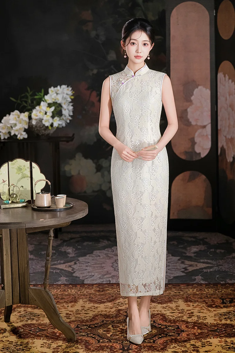 

Traditional Mandarin Collar Chiffon Cheongsam Women Chinese Style Dress Summer Sexy Sleeveless Lace Qipao