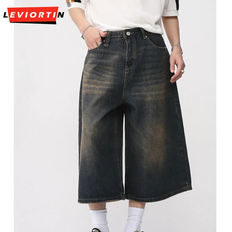 New Korean Retro Men's Summer Loose Men's Wide Legs Knee length Shorts, Water Washed Fashionable Vintage Trumpet Quarter Pants