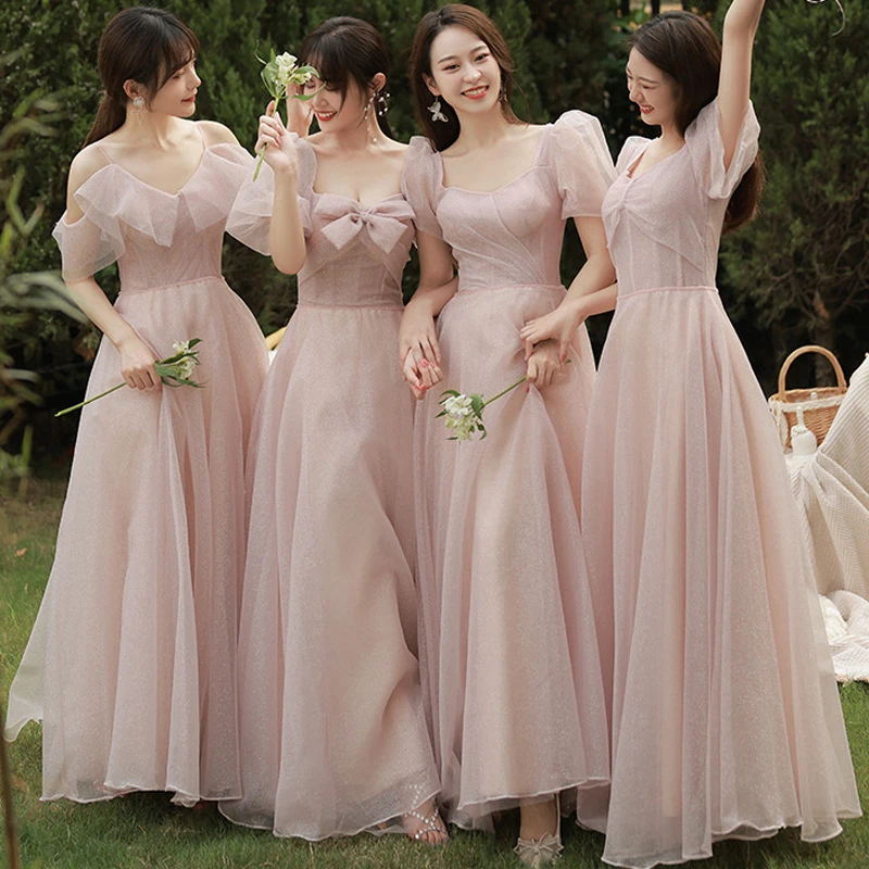 Bridesmaid Dress 2024 New Pink Long Temperament Cheongsam Simple Elegant Dresses Sexy Vintage Square Neck Evening Party Gown