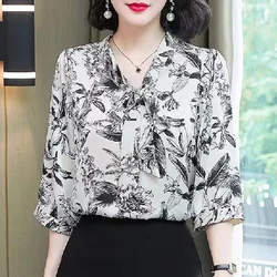 Spring Summer Office Lady Scarf Neck Printing Pullover Blouse Women Fashion Bow Tie Ribbon Three Quarter Sleeve Chiffon Shirt