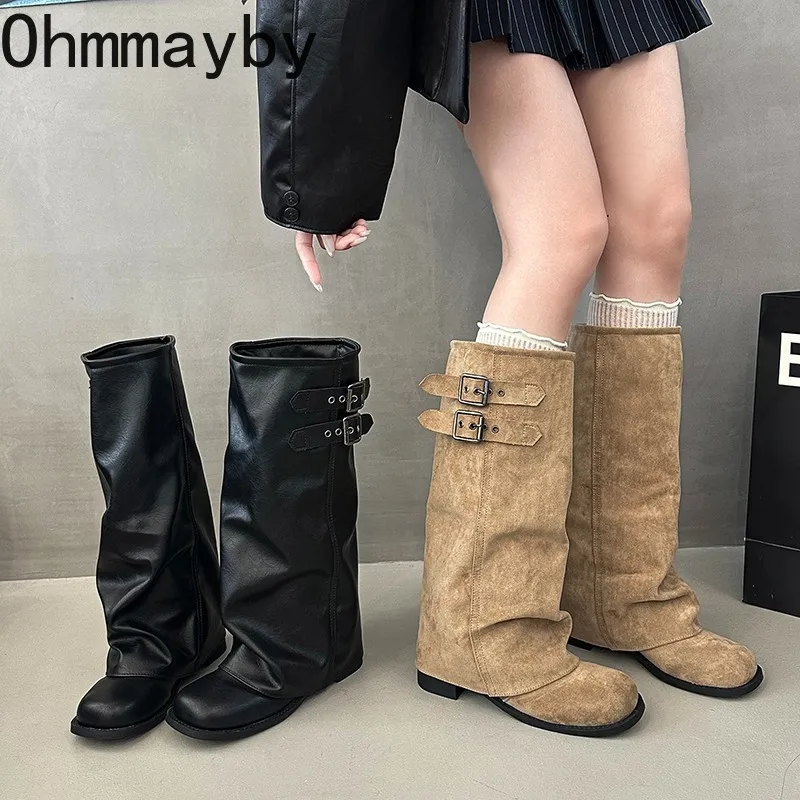 New Suede Fold Women Knee High Western Cowboy Boots Fashion Double Buckle Decor Slip On Long Booties Autumn Winter Women's Shoes