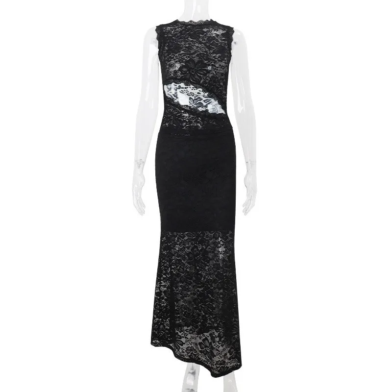 

DSMTRC 2025 Elegant Sexy Matching Set Hollow Out Sleeveless See-through Lace Crop Top+Low Waist Maxi Skirt Two Piece Dress Suits