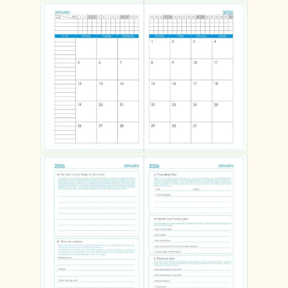 English 2026 Schedule Planner Notepad Wear-resistant Bookmark 365 Days Efficiency Notebook Portable 12 Months
