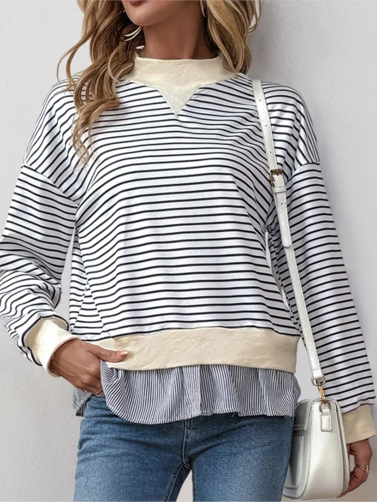 

Women's Clothing Versatile Casual Commuting Half Turtleneck Loose Striped Sweatshirt Comfortable Contrast All-match Blusas Tops