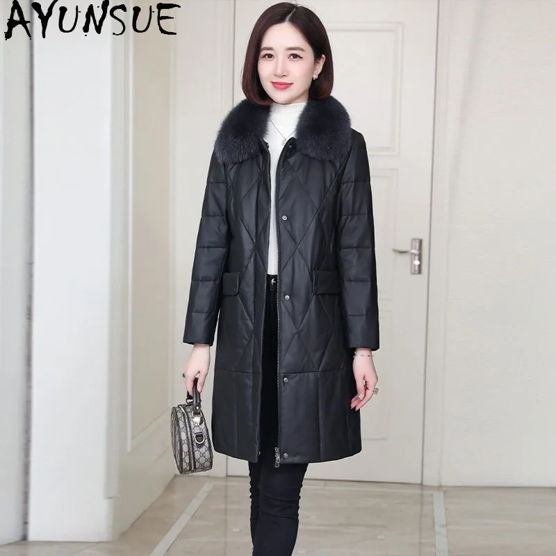 AYUNSUE 양피 정품 가죽 자켓 여성 따뜻한 다운 코트 여성 코트 겨울 의류 여우 모피 칼라 2025 Куртка Кожаная