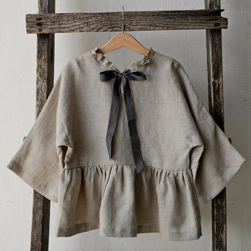 Autumn Retro Girls Linen Blouse 2024 New Chic Back Tie Splicing Crew Neck Ruffled Cotton And Linen Long-Sleeved Shirts