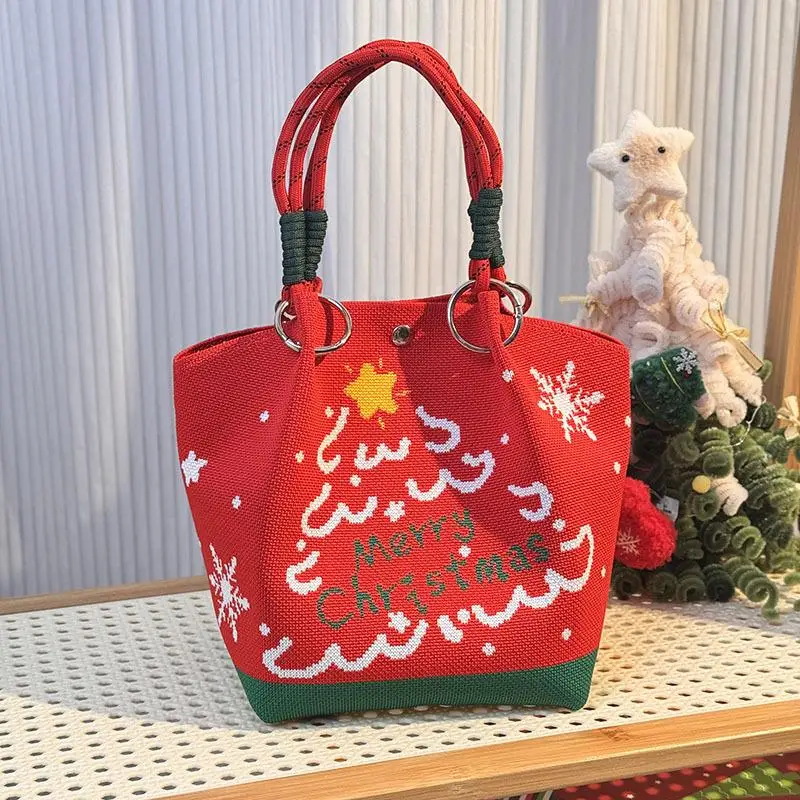 

Cartoon Reindeer Santa Claus Knitted Bucket Bag Women Fashion Large Capacity Handbag Christmas Gift Portable Knitted Purse