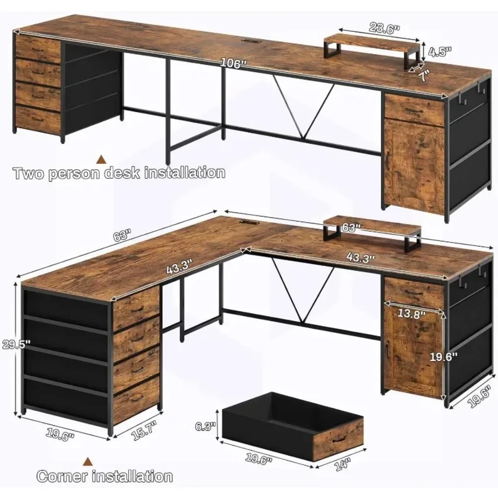 L Shaped Desk with 5 Drawer & Power Outlet, Long Home Office Desk or Corner Desk, L Shaped Corner Desk with Monitor Shelf