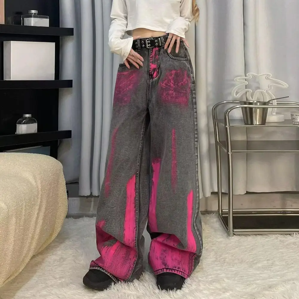 Zipper Button Placket Jeans Graffiti Print Pants Vintage Pink Graffiti Wide Leg Jeans with Zipper Button Closure Lady Trousers