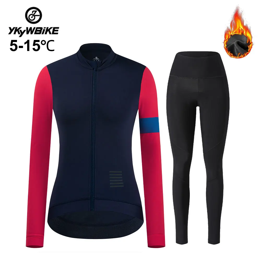 YKYWBIKE Women Winter Fleece Pro Cycling Jersey Sets Mountian Bicycle Clothes Wear Long Sleeve Racing Bike Cycling Set Pants