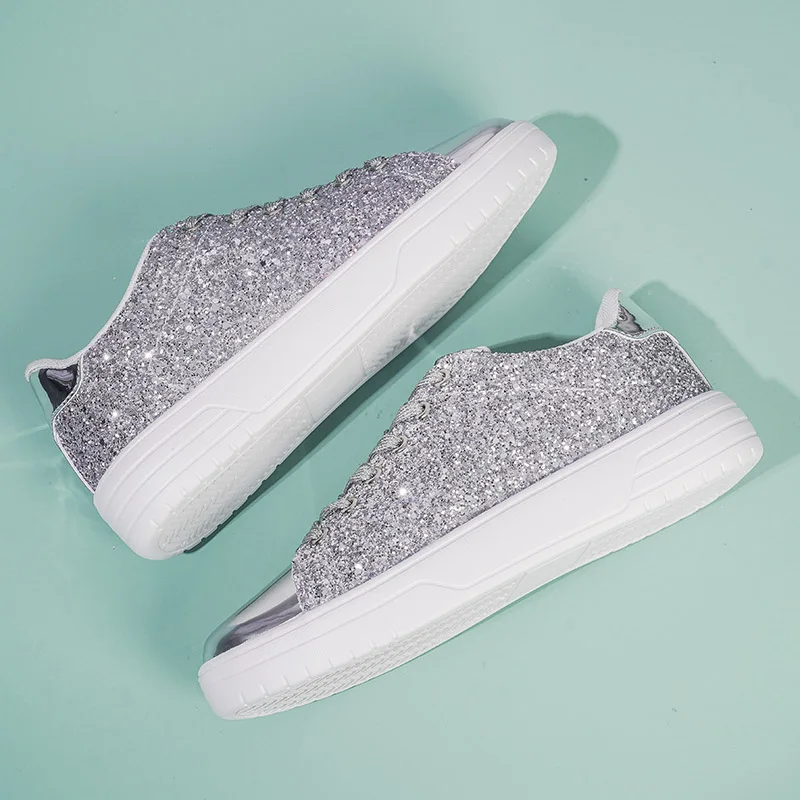 2024 New Trendy Women Silver Skateboard Shoes Flat Comfortable Female Sport Running Sneaker Spring Girls Athletic Trainers