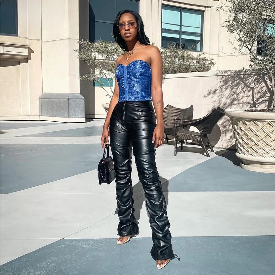 Spodnie damskie z wysokim stanem, imitacja skóry PU, plisowane, asymetryczny krój, codzienne spodnie z prostymi nogawkami dla kobiet.
