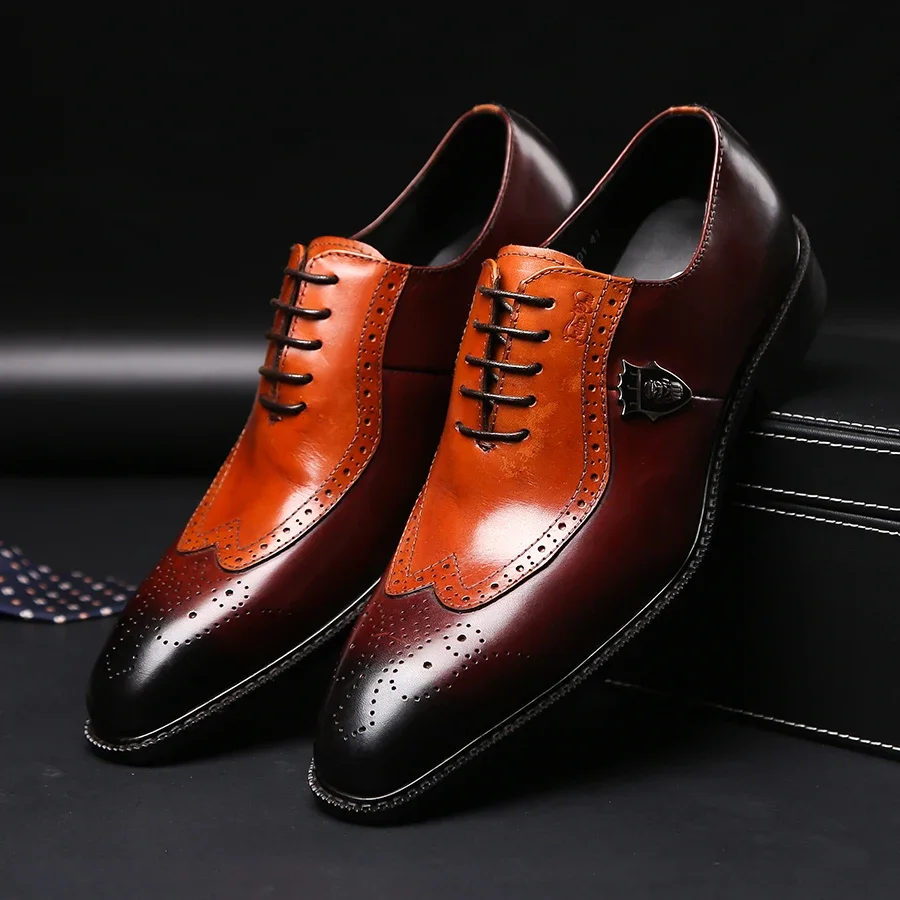 Luxury Classic Men's Brogue Oxford Dress Shoes Genuine Brown Cow Leather Pointed Toe Lace-Up Wedding Party Formal Shoe for Men