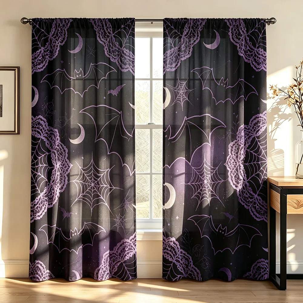 2PCS Digital Printed Curtains, Purple Lace Bat Spiderweb Moon Halloween Print, Gothic Witchy Style for Bedroom Living Room Decor