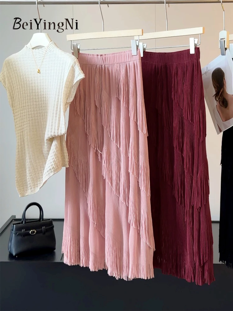 Beiyingni 2026 New Fashion Women's Skirt Tassel Elegant Luxury Party Looks Midi Skirts Ladies Fall Versatile Flowy A-line Skirt