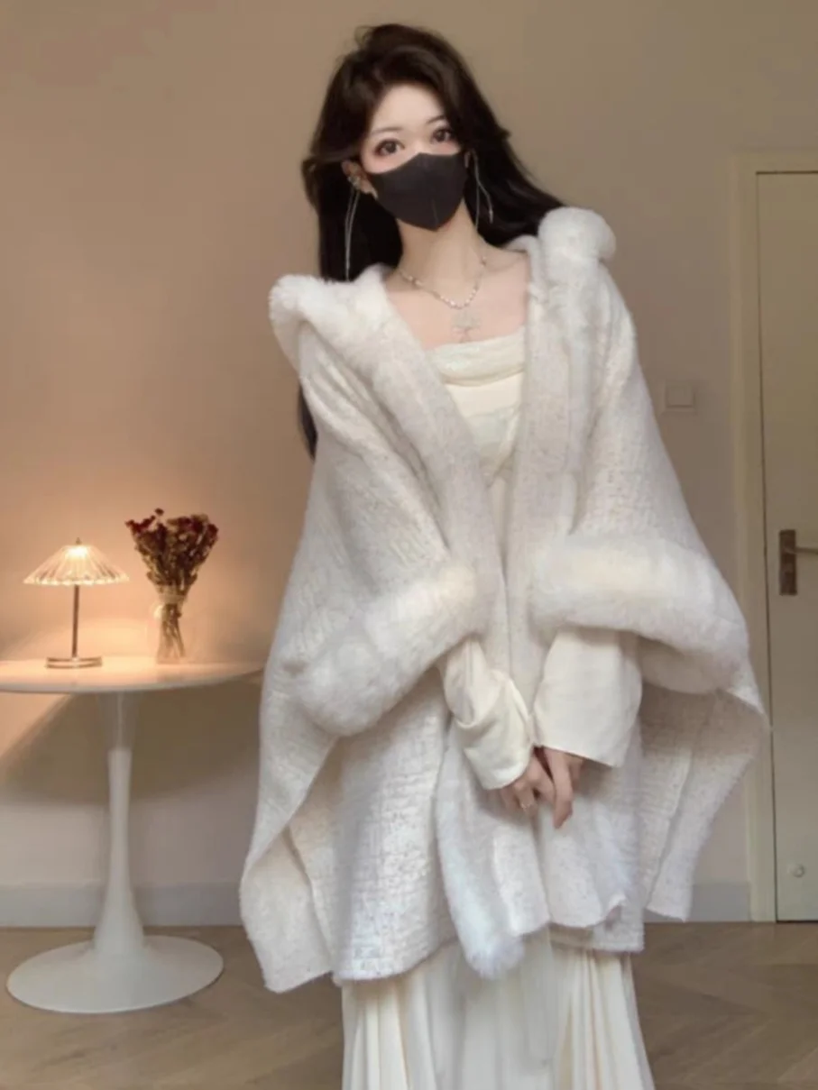 Warm Rabbit Fur Collar Double-Sided Velvet Women's Coat Autumn Winter Fashion Pure Color Simple Cloak Shoulder for Young And ...