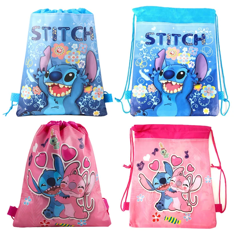 Stitch Disney Drawstring Bag Non-woven Cartoon Angel Print Portable Storage Bags Anime Kids Christmas Gift Pocket Sport Backpack