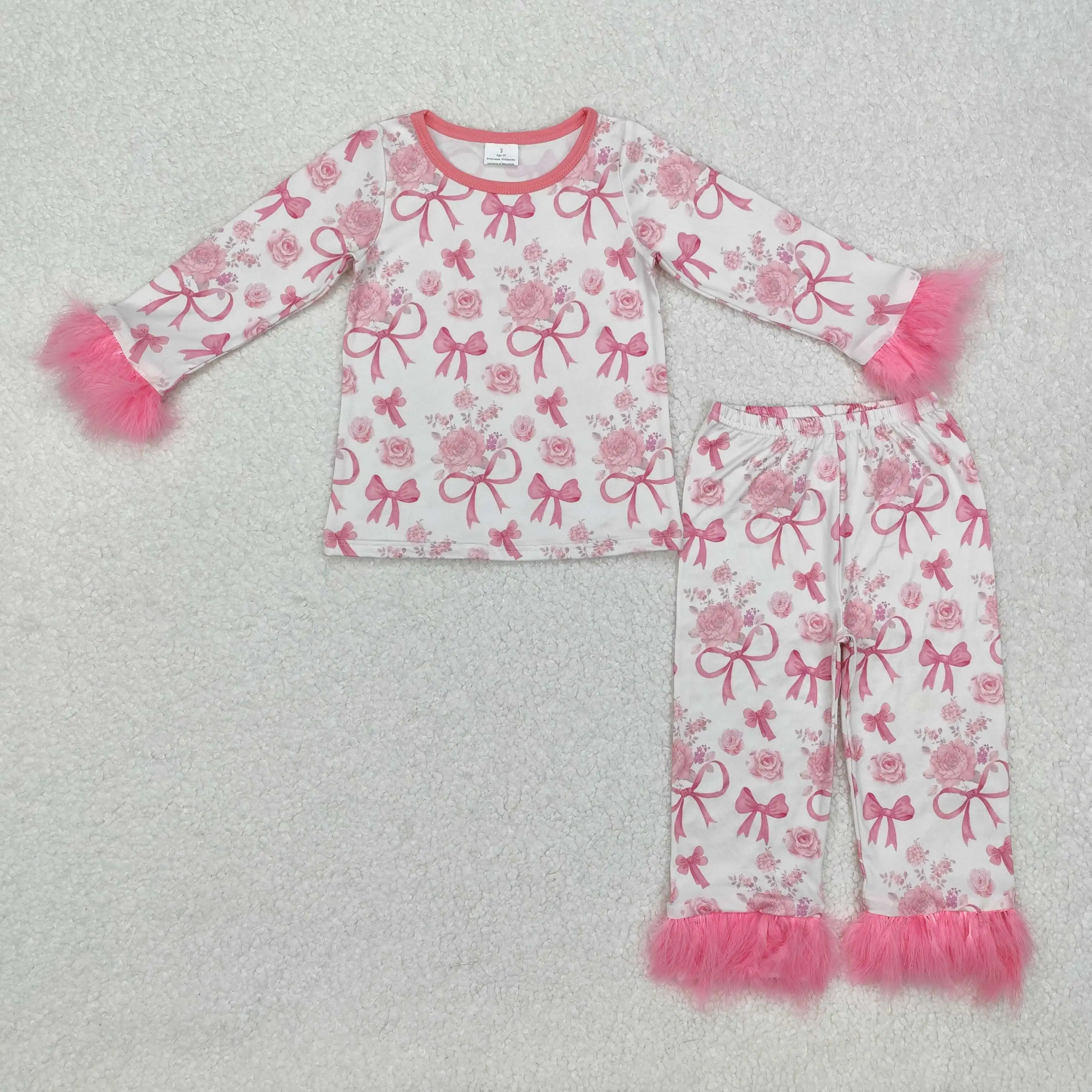 

New rts Infant Girls Valentine's Day Fur Pink Pajama Set Wholesale Boutique High Quality Pink Bow Print Girls Long Sleeve Set