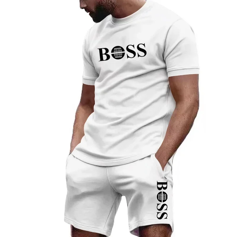 Men's Two-piece Sportswear Short Sleeved T-shirt Pants Set Running Fitness Sportswear Summer Tshirt+shorts 2-piece Set LOGO