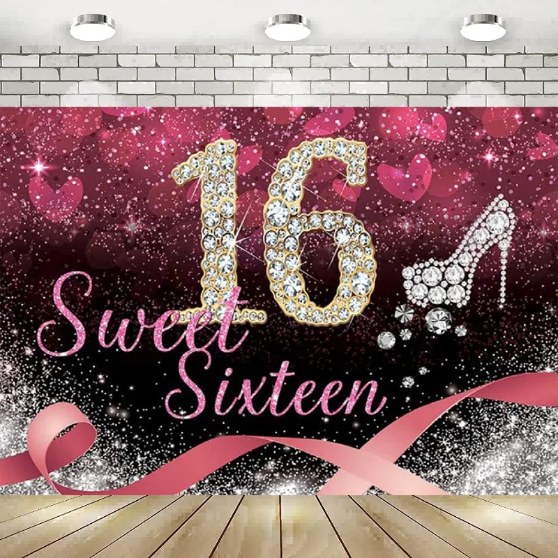 Sweet 16th Birthday Party Photography Backdrop Diamond High Heel Background Silver Glitter Sequin Love Pink Girl's Banner Decor