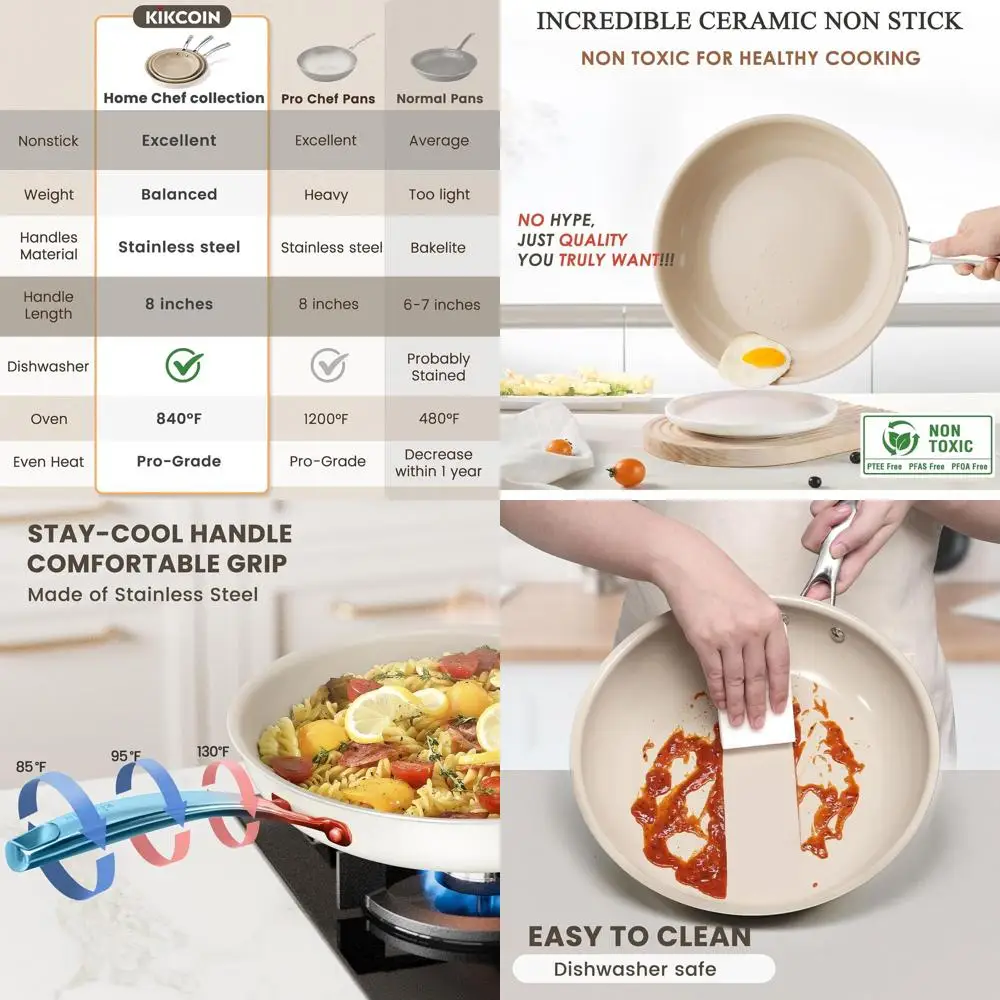 

Ceramic Nonstick Cookware Set, 8, 9.5, 11 Frying Pans with Cool Handle, Safe for Dishwasher & Oven, PFAS/PTFE/PFOA-Free
