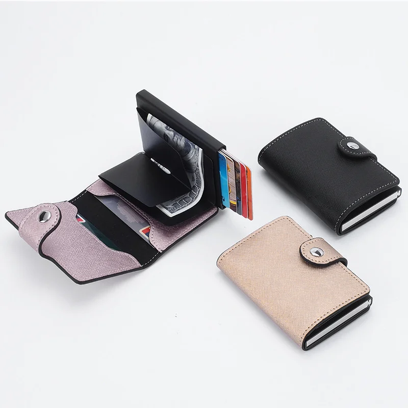 New Leather Aluminum Alloy Card Box Anti-magnetic Automatic Card Bounce Card Holder Multifunctional Multi-card Slot Men's Wallet