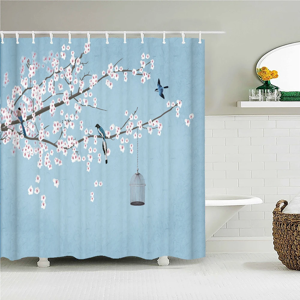 Beautiful Plant Flower Bird Pattern Fabric Shower Curtain Waterproof Printing Bath Curtains for Bathroom Decor with 12 Hooks