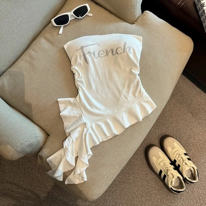 

Women's Vest Female Ruffle Edge Girl Short Top Summer Fashion Lady Sling Leopard Print Letter Hot Diamond with Chest Pad