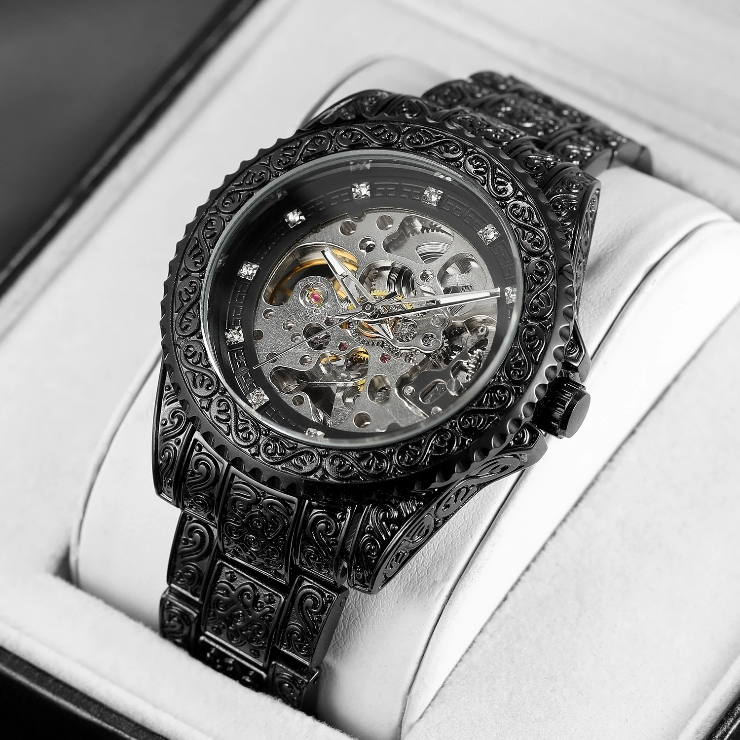 

FORSINING модные черные ретро мужские автоматические механические часы со скелетом и стразами, крутые винтажные часы из нержавеющей стали с резьбой