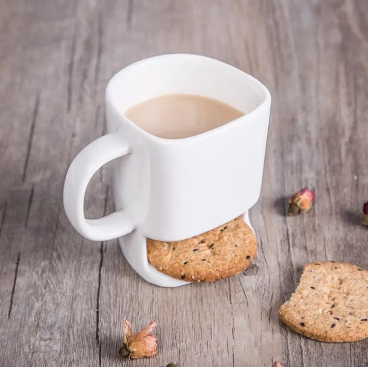 60pcs 250ML Ceramic Mug White Coffee Tea Biscuits Milk Dessert Cup Tea Cup Side Biscuits Pockets Holder For Home Office SN4155