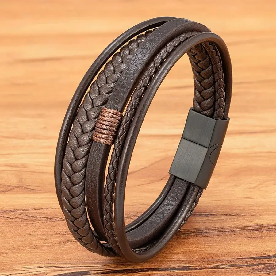 

OKLA Luxury Fashion Hand-Woven Leather Bracelet Multilayer Men's Bangles Stainless Steel Magnetic Buckle Party Jewelry Gift