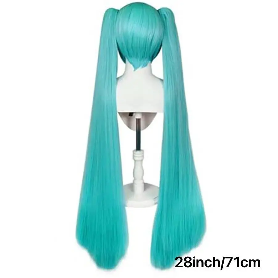 28 Inch Long Green Wig with Bangs for Women with Two Detachable Ponytails + Wig Cap Long Straight Synthetic Green