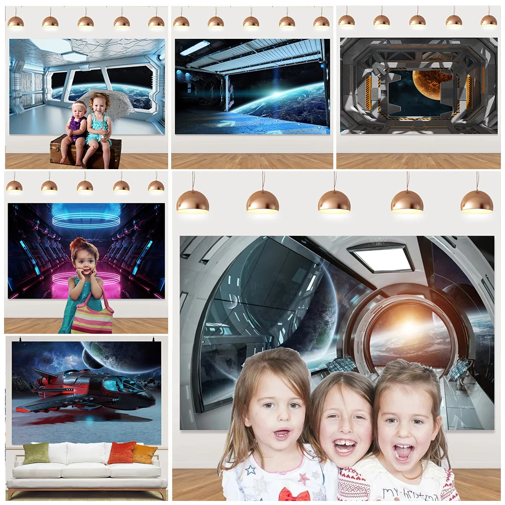 

Futuristic Science Fiction Spacecraft Cabin Universe Outer Space Theme Astronaut Baby Photography Banner For Boy Birthday Party