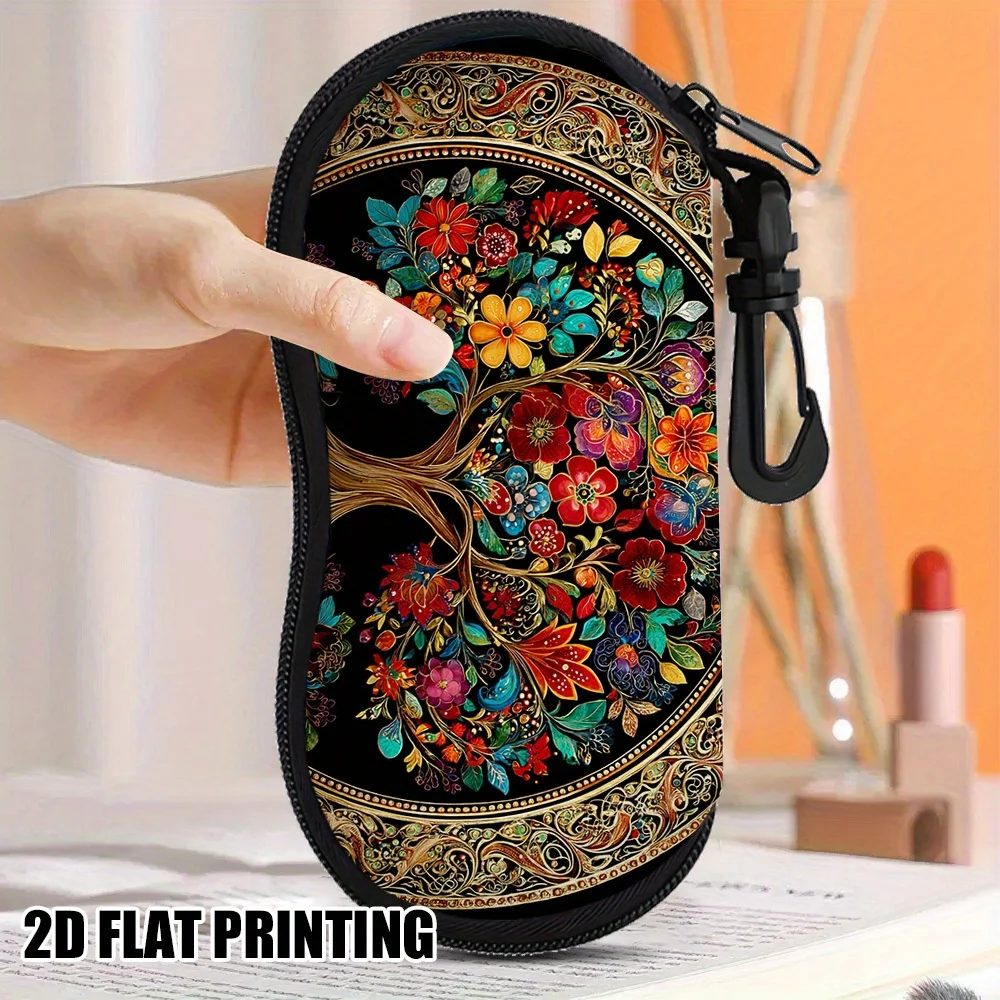 2D Flat Tree of Life Glasses Case, Ultra-Light Portable Zip Pouch w/ Keychain, Unisex for Regular/Reading Glasses, Random Zipper
