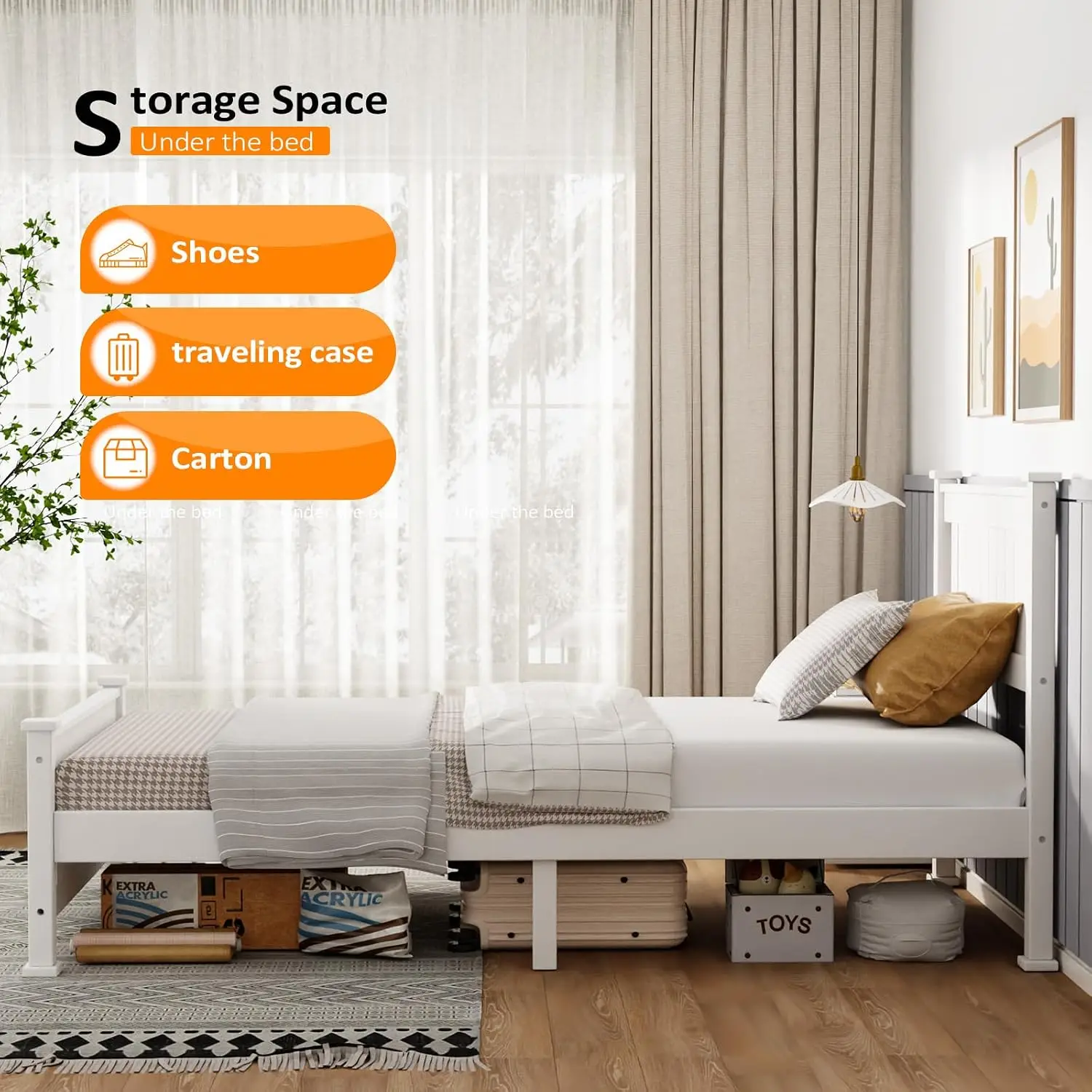 Twin Bed Frame Set of 2 Solid Wood Platform with Headboard No Box Spring Slat Support White, Customized
