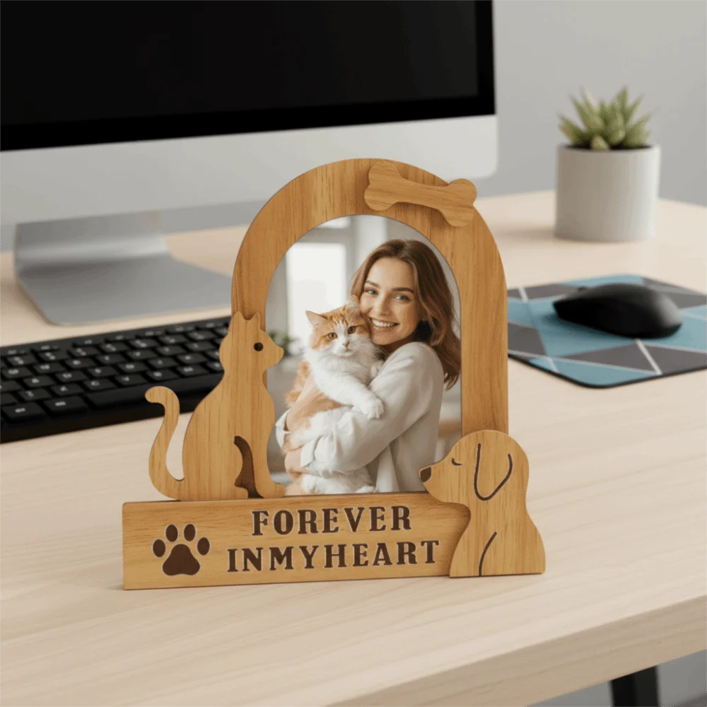 Commemorative Ornaments Wood Pet Photo Frame Handmade Dog/Cat Shape Cat Keepsake Frame Cartoon Pet Photo Display Bedroom Display