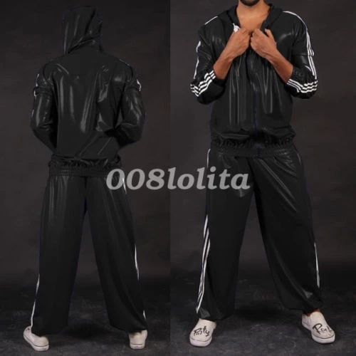 

Latex Rubber Kostüm Gummi Men Handsame hooded Jacket And Pants Suit Cosplay