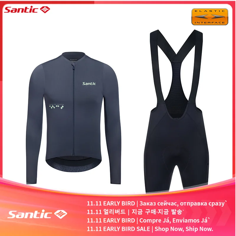 Santic Men's Cycling Sets Breathable Quick Drying 6 Hours Cushion Cycling Long Sleeve Thin Sunscreen Bicycle Bib Shorts Suits