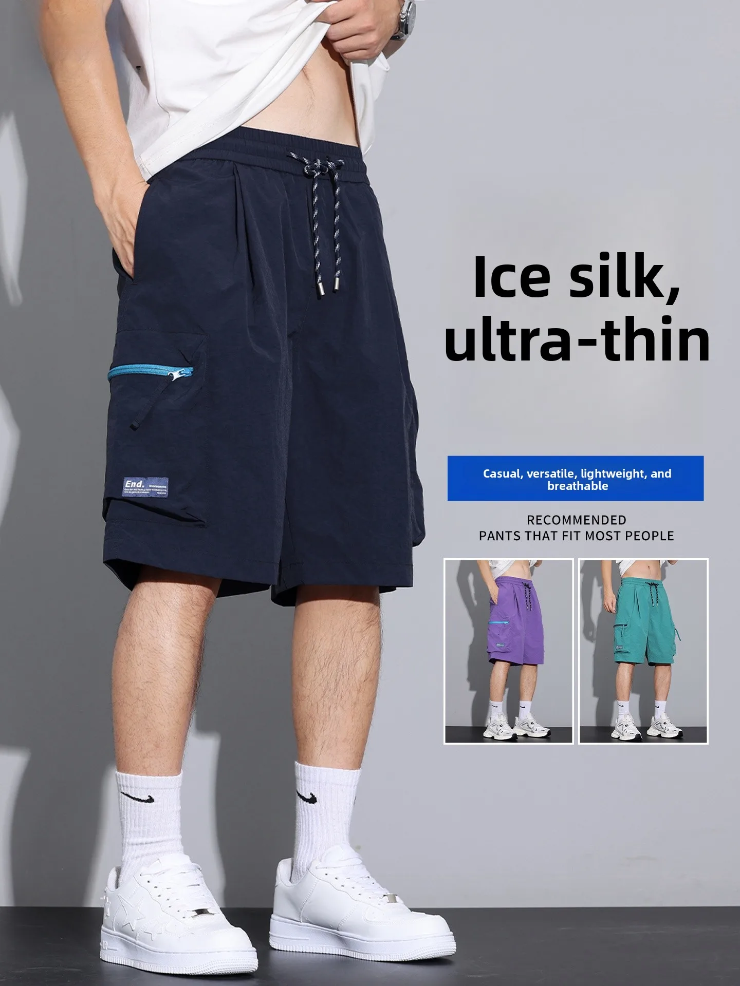 

American Casual Men's ort Pants Summer Thin Ice Silk Loose Straight Leg Teenage Qui Dry Breathable Faionable Five-Quart...