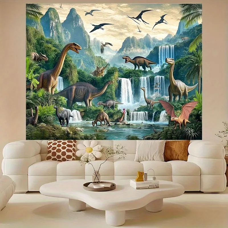 VIKAMA Jurassic Dinosaur Tapestry Prehistoric Forest Waterfall Nature Wall Hanging for Kids Bedroom