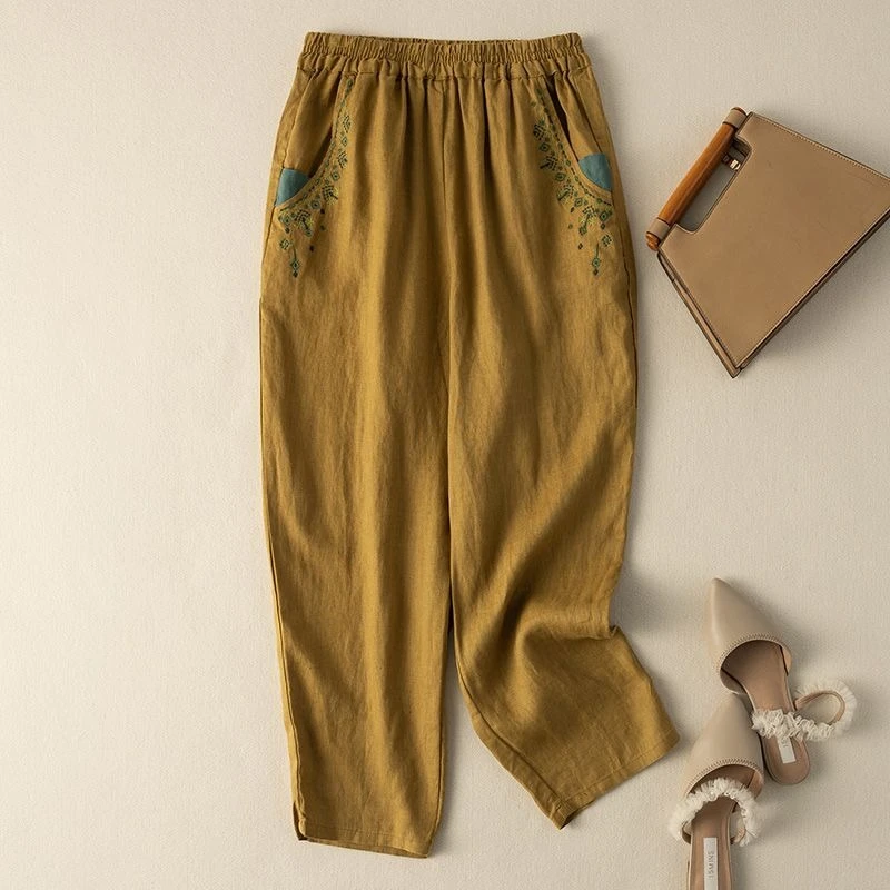 Women's Cotton Linen Retro Harem Pants Summer 2026 Leisure Embroidery Crop Elastic Waist Loose Fit Cropped Trousers