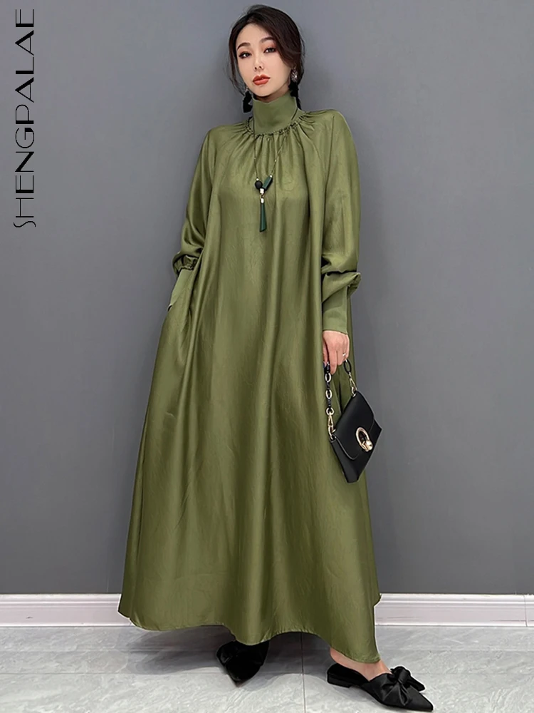 

SHENGPALAE Fashion High Collar Dress Elegant Chic Versatile Casual Pleating Robe Vestido Women's 2024 Autumn New Colthing 5R1913