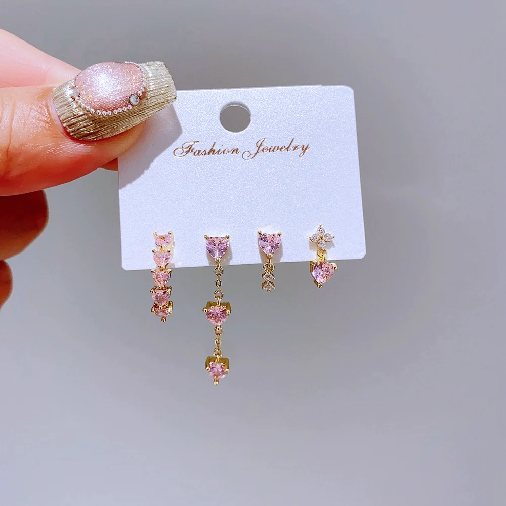 New In 4pcs/set Mix and Match Heart Stud Earrings for Women Girls Gold Color Pink Cubic Zircon Jewelry