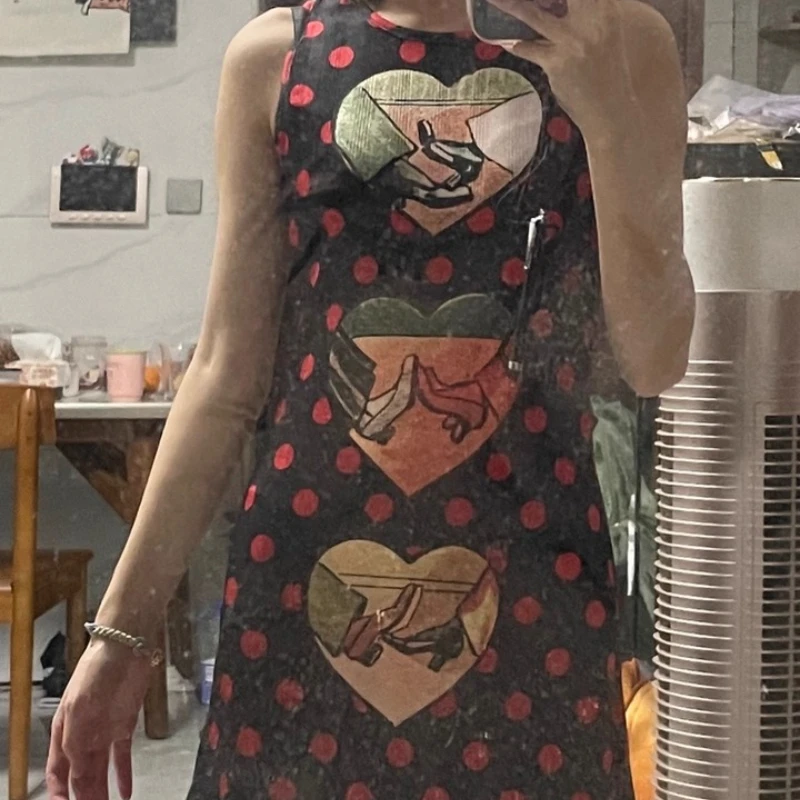 American Retro Slimming Cute Polka Dot Heart Print Women's Dress New Short Sweet Cool Hot Girl Sleeveless Vest Dresses Ladies