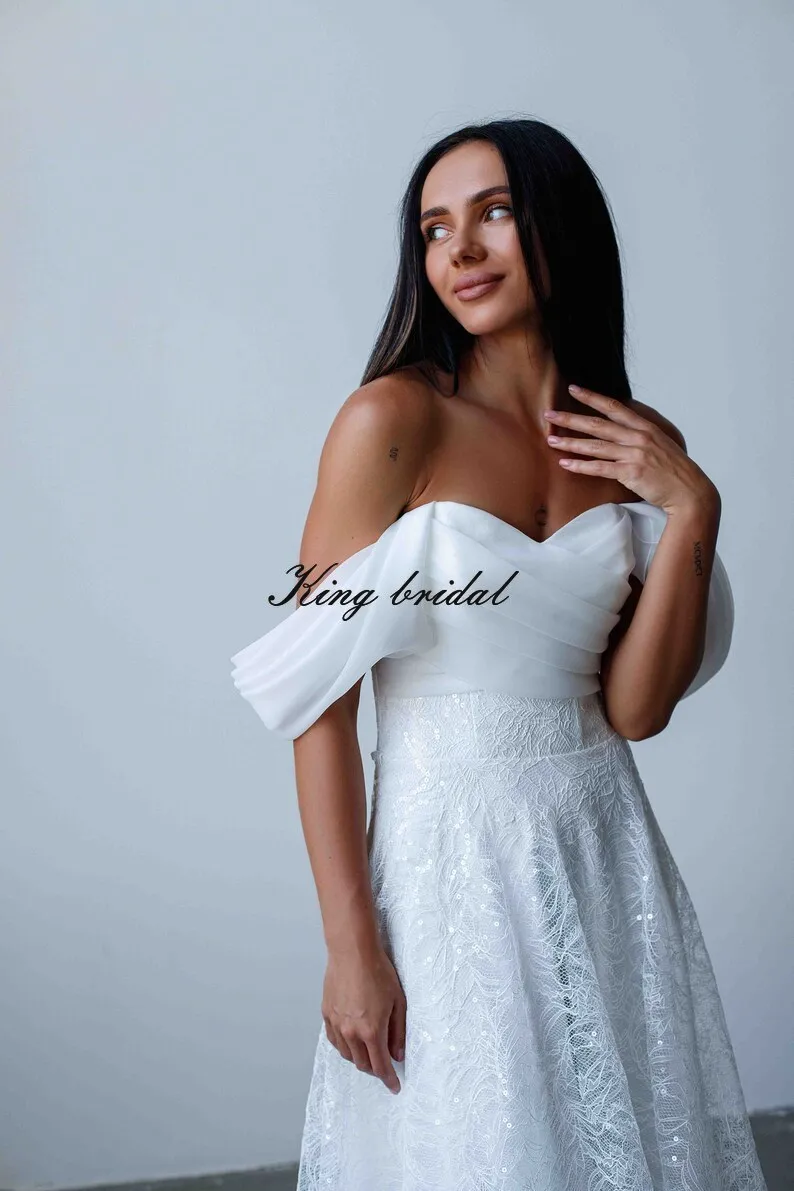 Vestido de casamento de renda feito sob medida com organza trem destacável fora do ombro renda chantilly vestido de casamento modesto