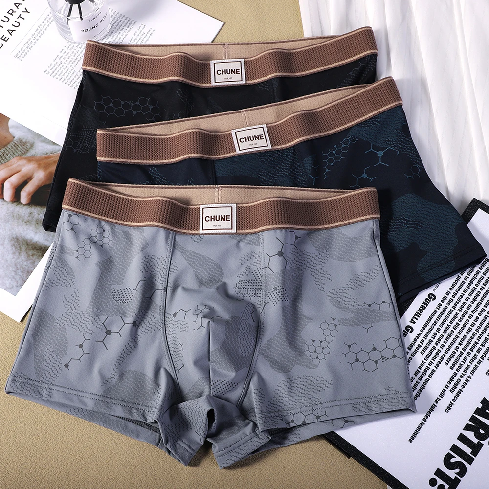 

﻿ 1/3PCS Fashion Print Knit Men's Panties Ice Silk Breathable Mesh Pouch Boxers Hombre Summer Cooling High Elastic Men Underwear