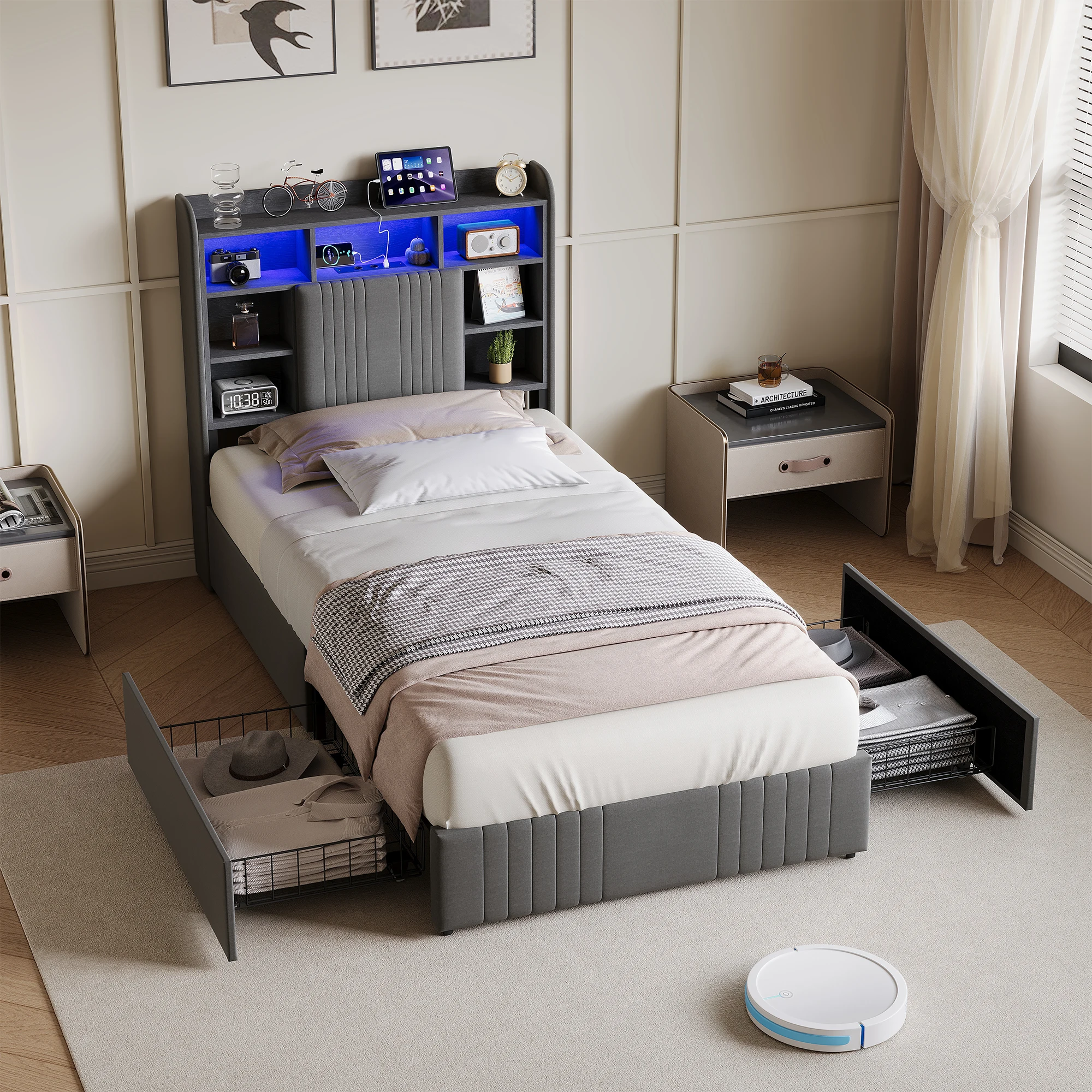 Anajqaqia Cadre de lit simple 90x200cm, lit plateforme rembourré en lin avec 4 tiroirs de rangement, lumières LED et station de charge USB, lit gris avec tête de lit bibliothèque, matelas non inclus